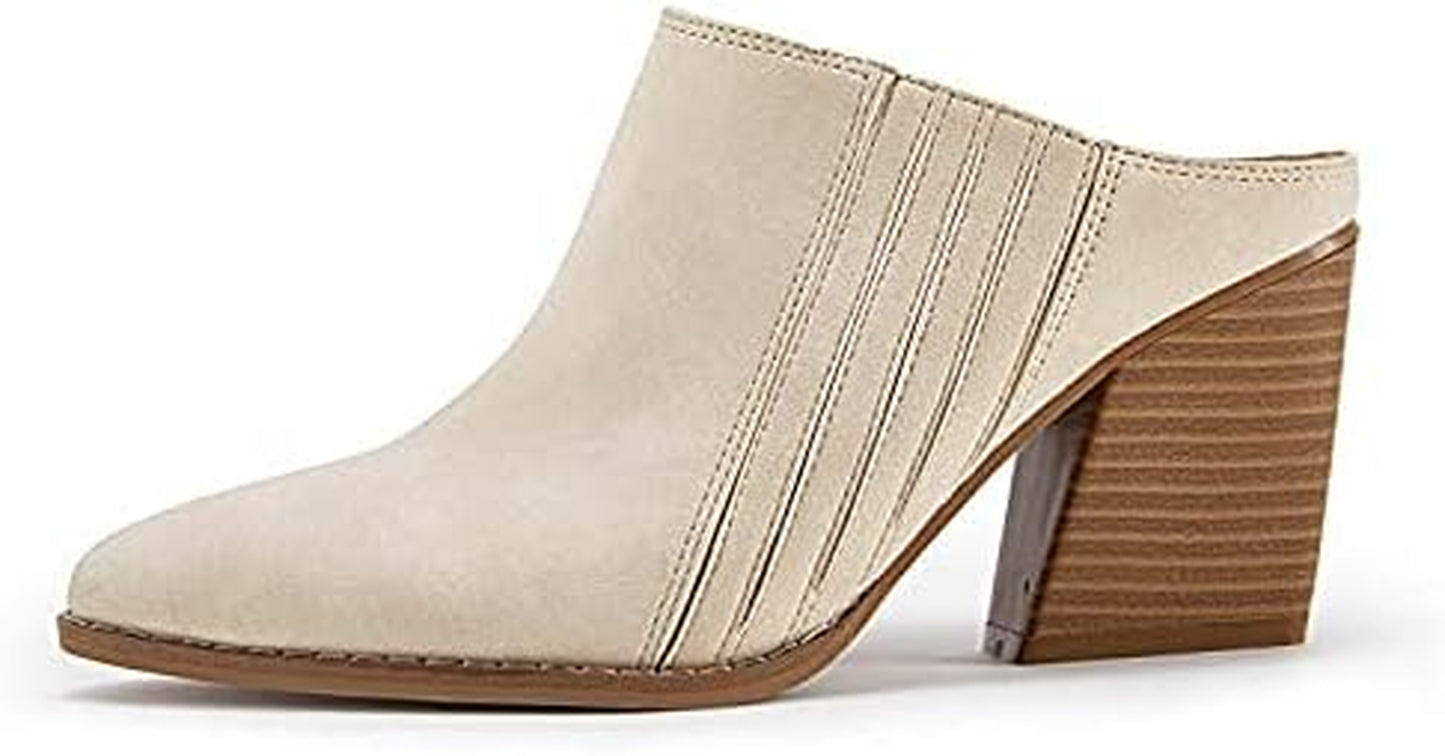 Womens Stacked Mules Heel Booties Pointed Closed Toe Backless Western Slip on Chunky Boots