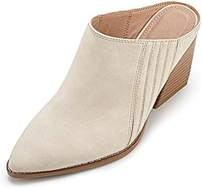Womens Stacked Mules Heel Booties Pointed Closed Toe Backless Western Slip on Chunky Boots